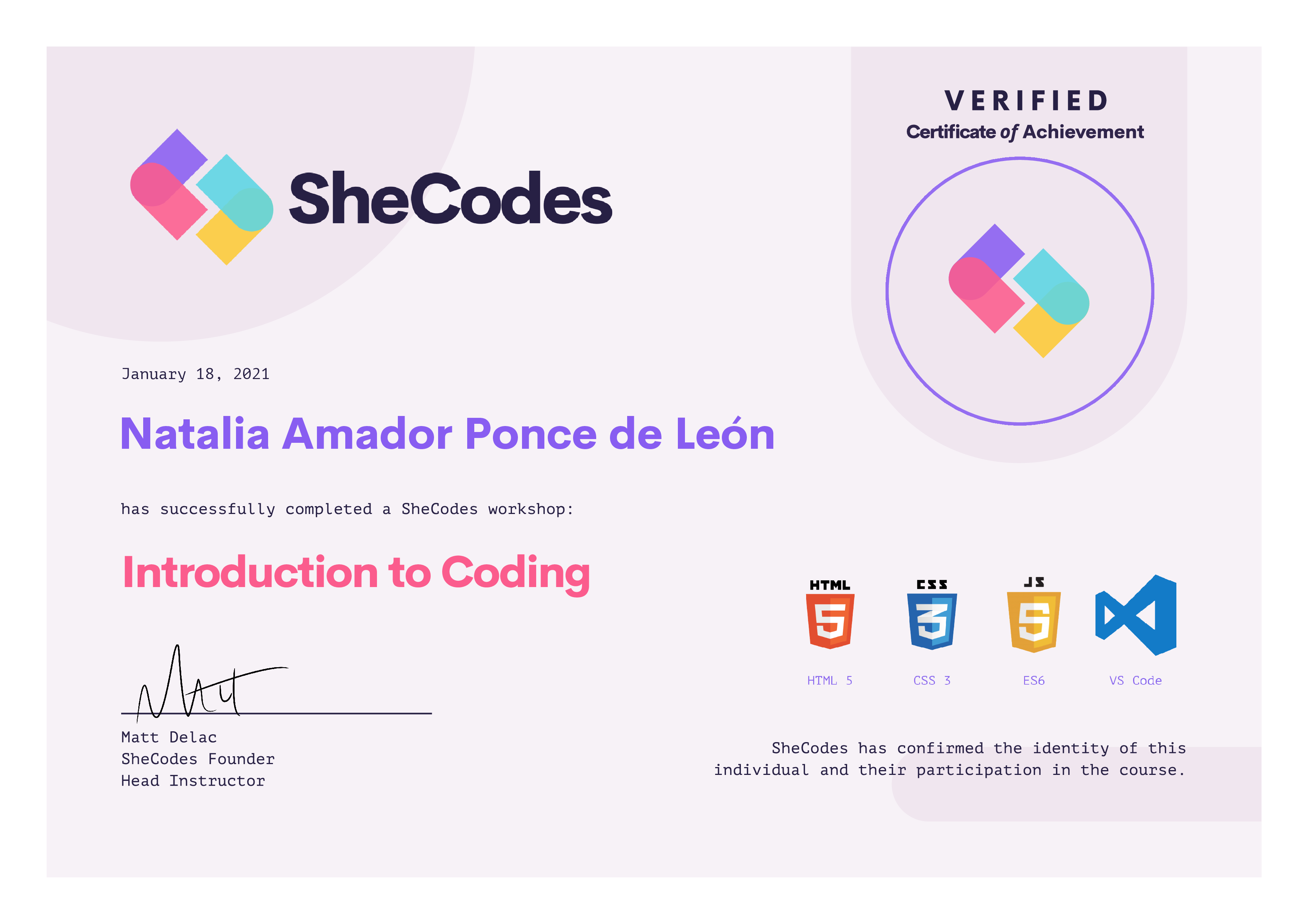 SheCodes basic workshop certificate